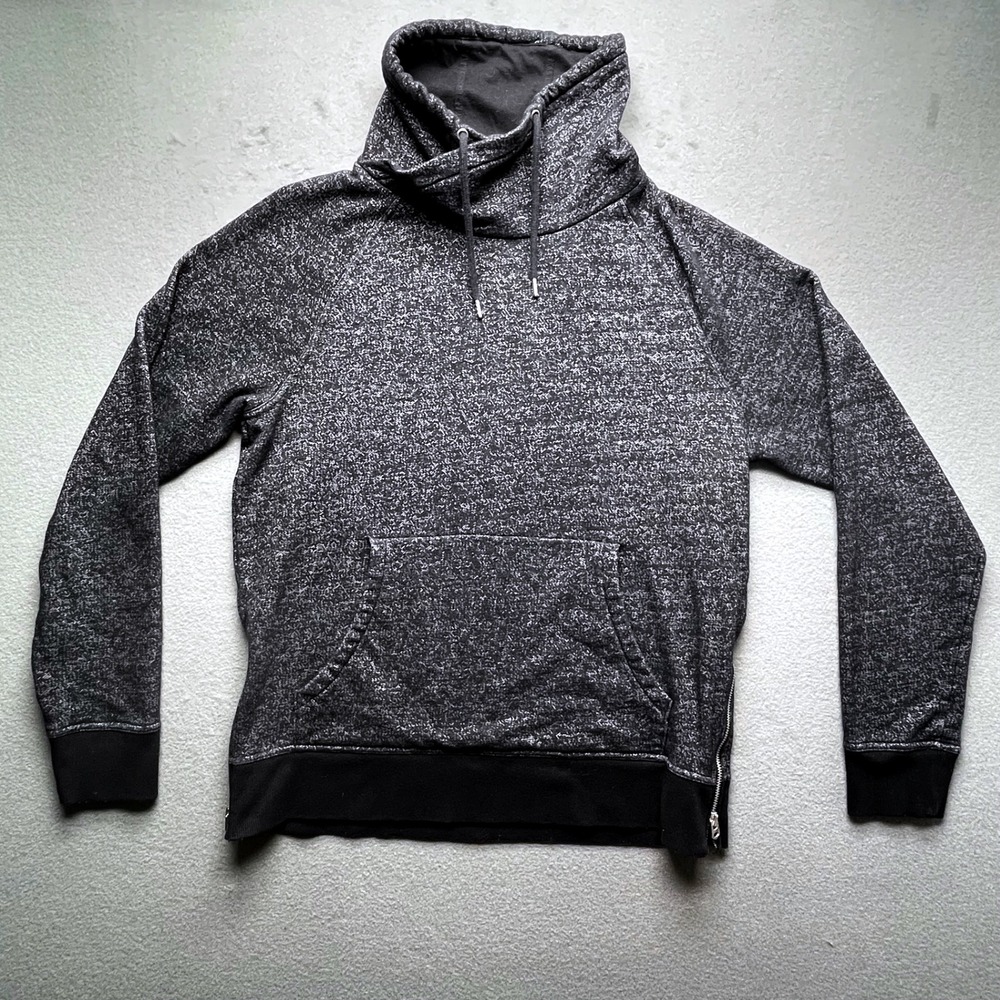 H&M Men Charcoal Funnel Neck‎ Hoodie M Textured Knit Zip Hem Pullover Sweatshirt